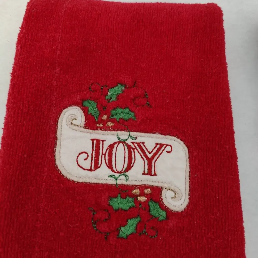 Cannon Red Christmas Tree Joy Embroider Fringe Hand Towels Set of 2 Pair Vintage
